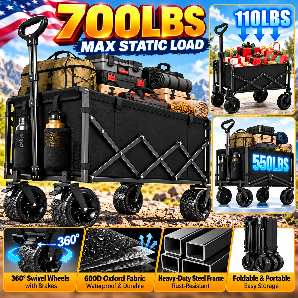 700/500/110 Lbs All Terrain Heavy Duty Folding Cart, Large Capacity Camper Suitable For Yard Shopping/ Sports/ Outdoor/ Gardening Equipment Handling, Black Multifunctional Utility Cart