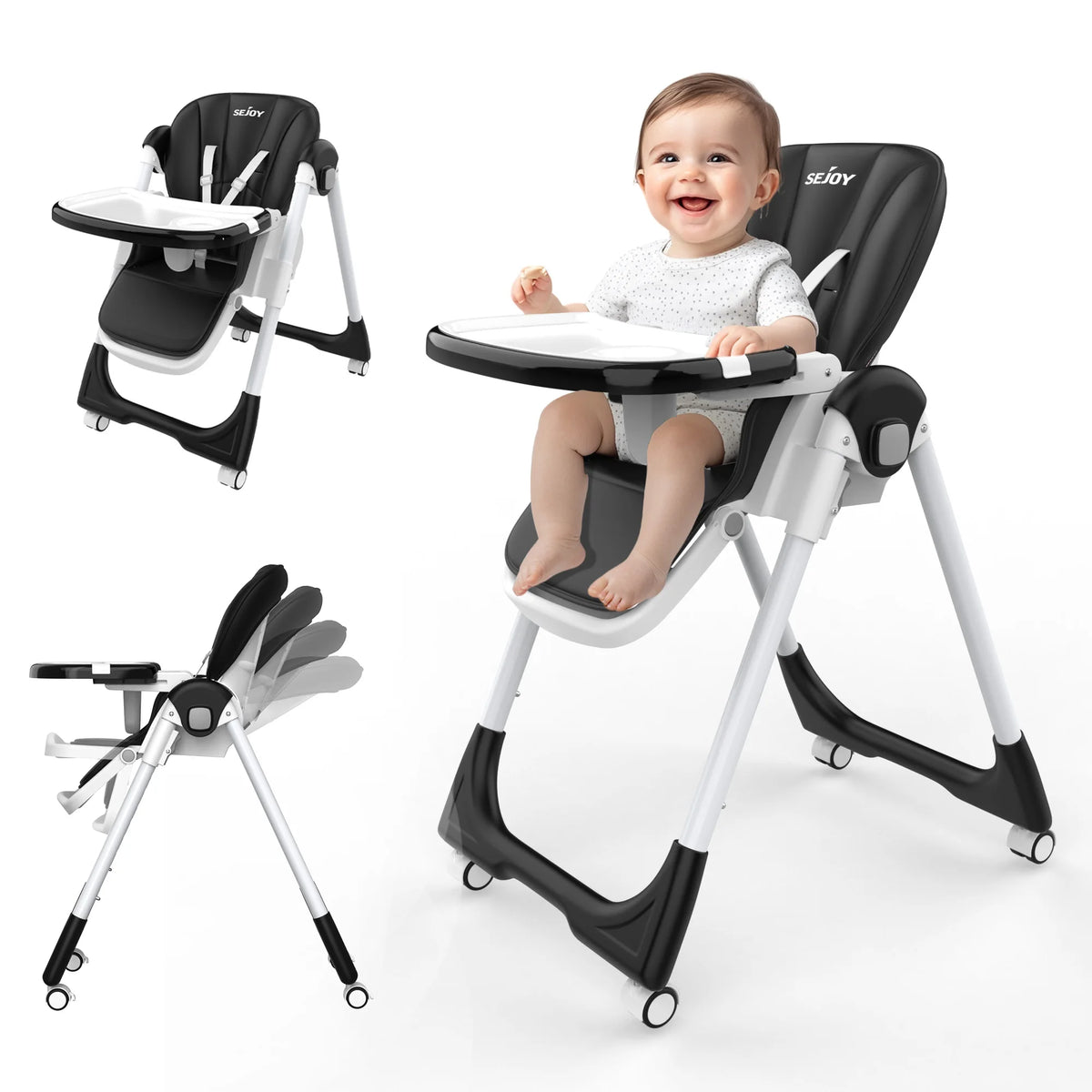 SEJOY Adjustable Baby High Chair With Safety Harness And Tray