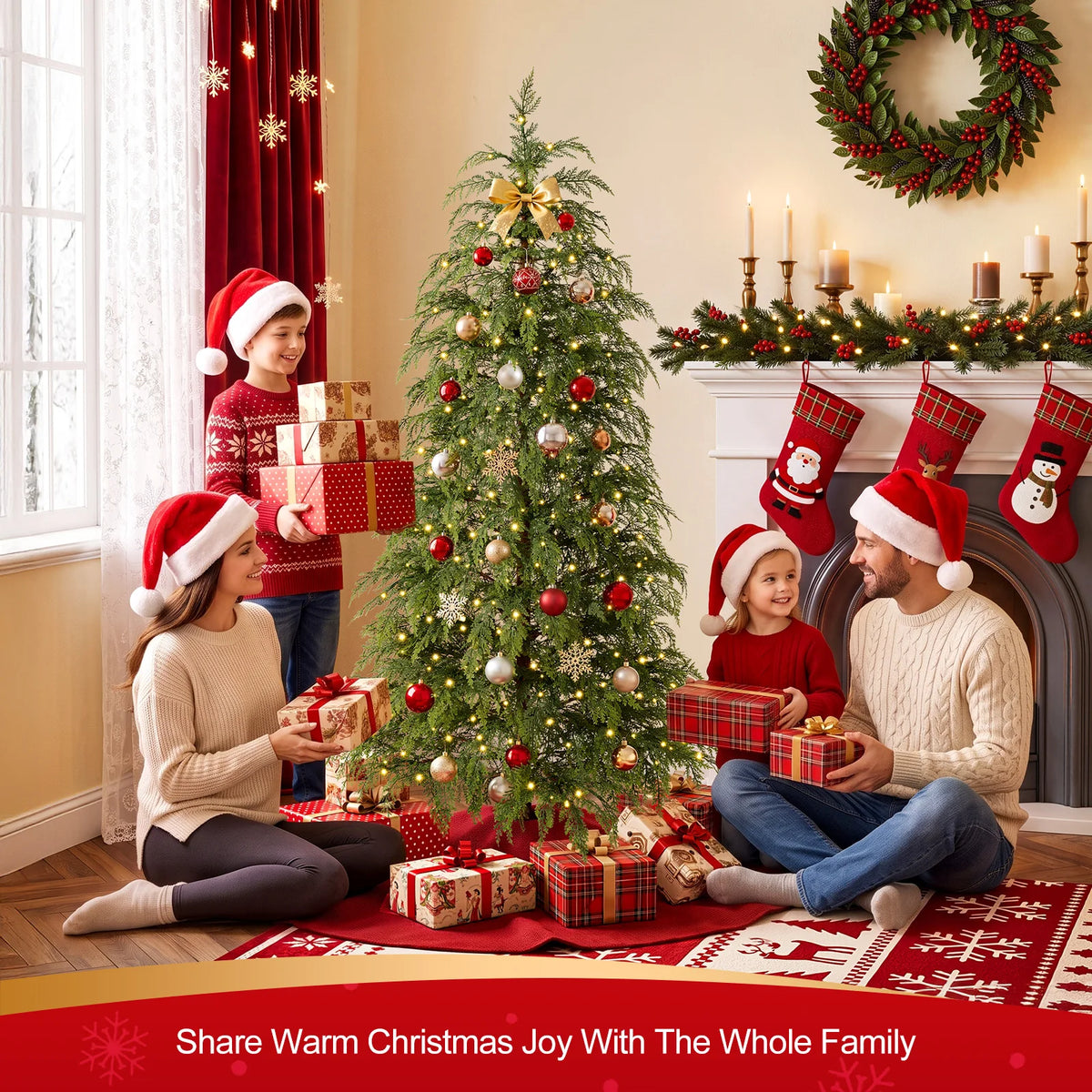 Pre-Lit Cypress Artificial Christmas Tree with Woven Basket/ Metal Stand, Christmas Tree with 30/70/100/350/500 Warm White Twinkling LEDs, Full Lush Branches, Ideal for Indoor Holiday Decor