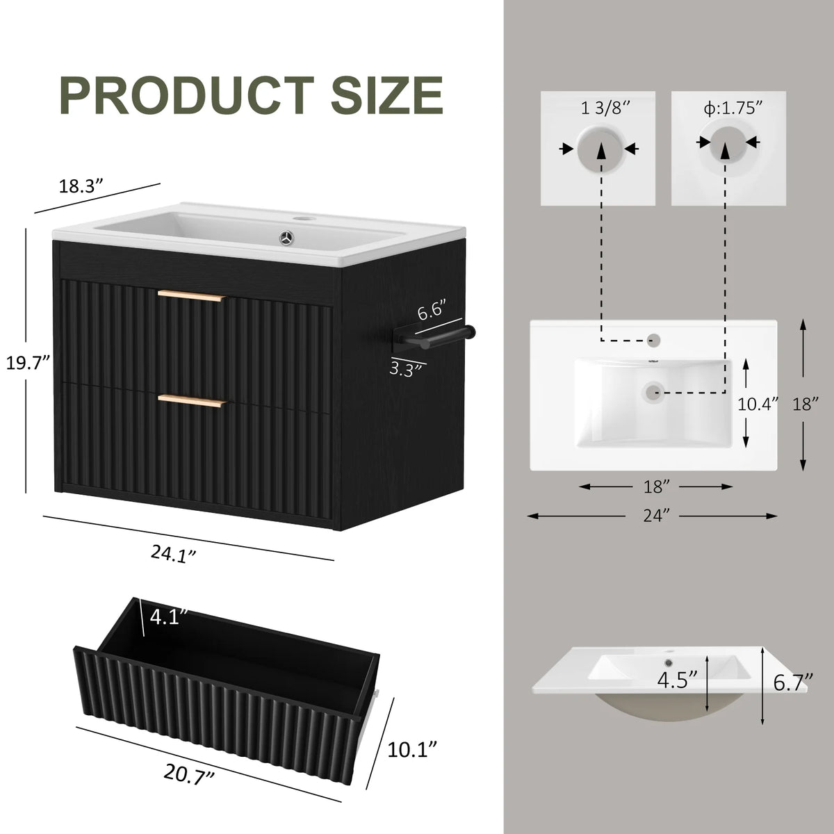 24' Floating Bathroom Vanity with Sink, Modern Wall Mounted Cabinet, 2 Drawers with Black Handles, for Bathroom/Laundry Room, White/Black