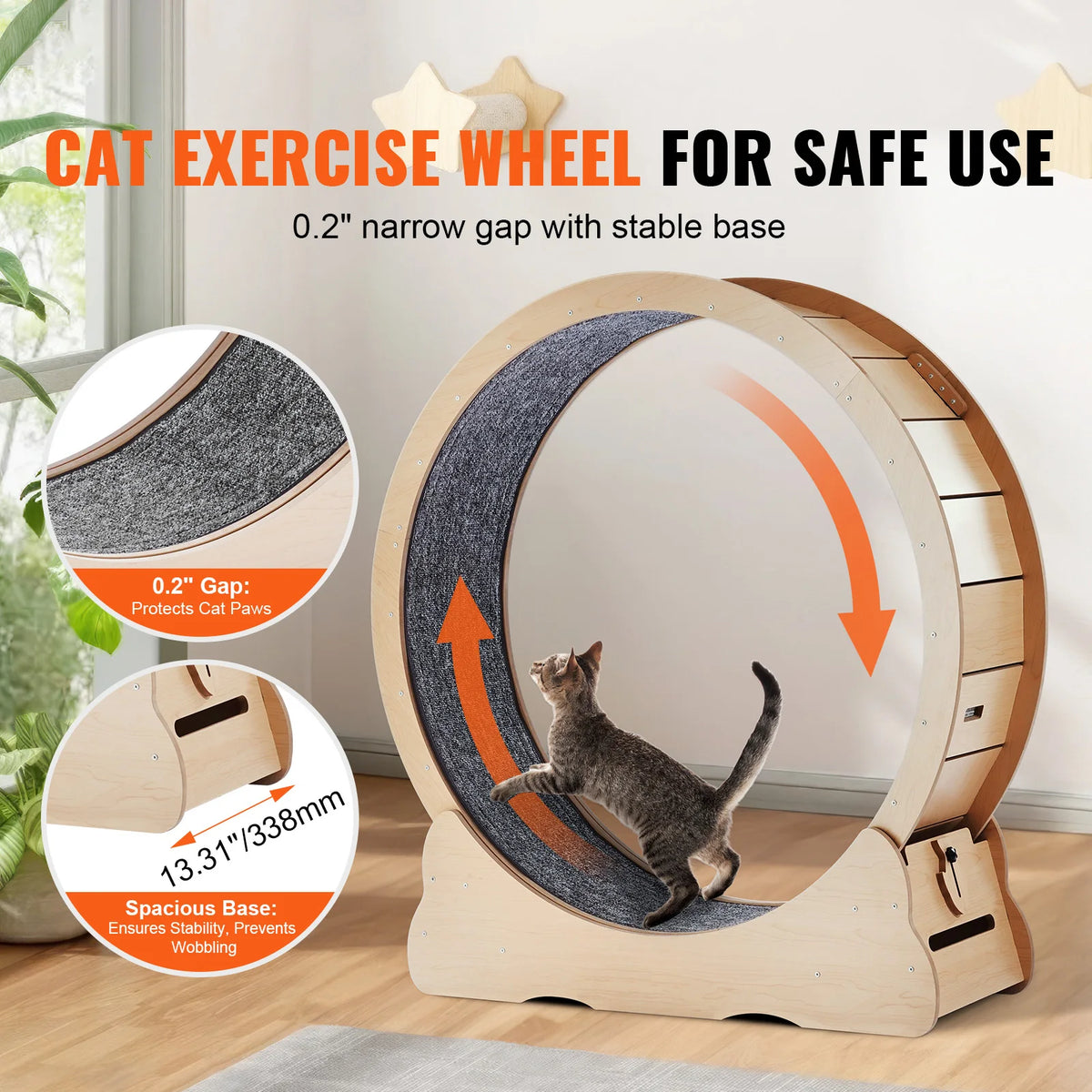 SucceBuy Wooden Cat Exercise Wheel Large Cat Treadmill Wheel for Indoor Cat Running Wheel with Detachable Carpet& Cat Teaser