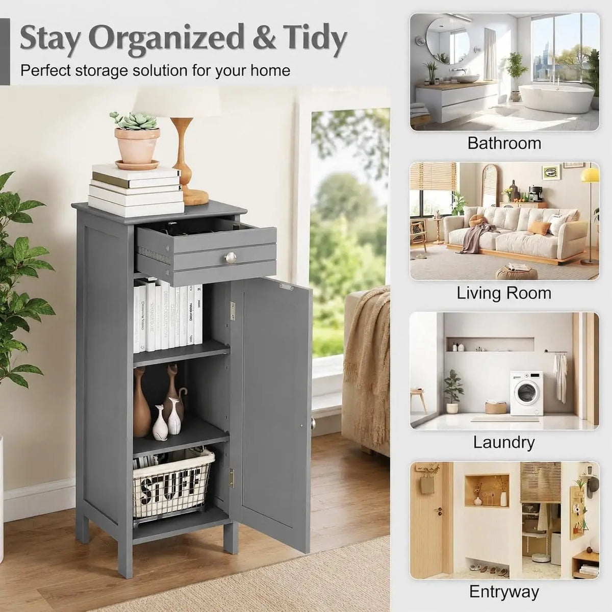 Bathroom Cabinet, Narrow FreeStanding Space-Saving Storage Organizer | Multifunctional Narrow Side Storage floor Cabinet for Bathroom,Laundry Room, Kitchen