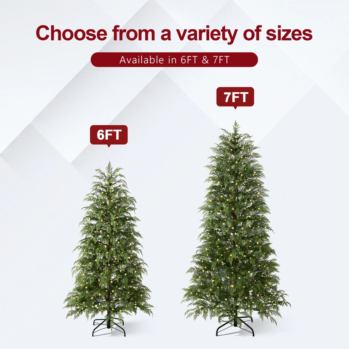 Pre-Lit Cypress Artificial Christmas Tree with Woven Basket/ Metal Stand, Christmas Tree with 30/70/100/350/500 Warm White Twinkling LEDs, Full Lush Branches, Ideal for Indoor Holiday Decor