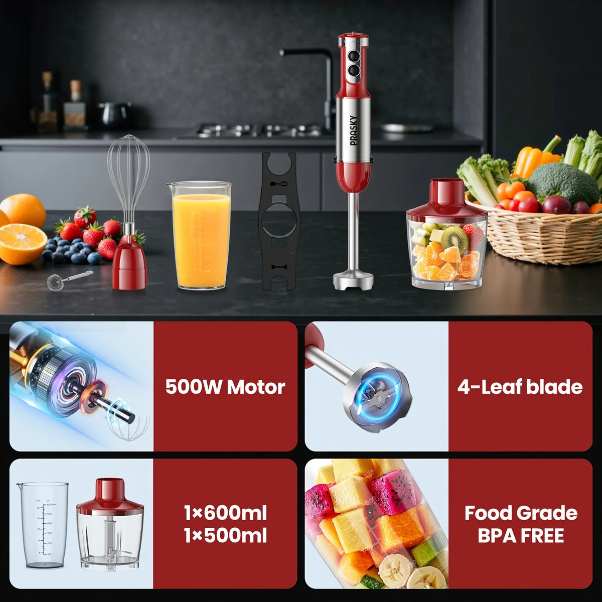 Prasky 5 In 1 Immersion Blender With Chopper And Whisk
