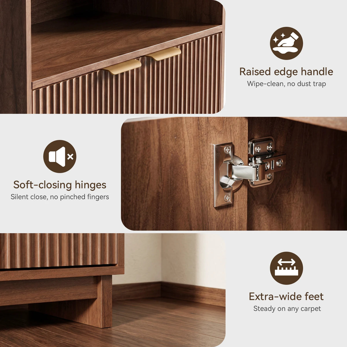 TinyNest Fluted Wood Kitchen Sideboard Buffet Cabinet With Adjustable Shelves