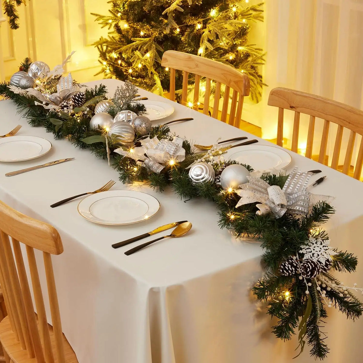 Garvee 6ft Christmas Garland Silver for Mantle and Stairs Xmas Wreath for Home Party Decoration Outdoor Yard Pine Rattan Hanging Ornaments 