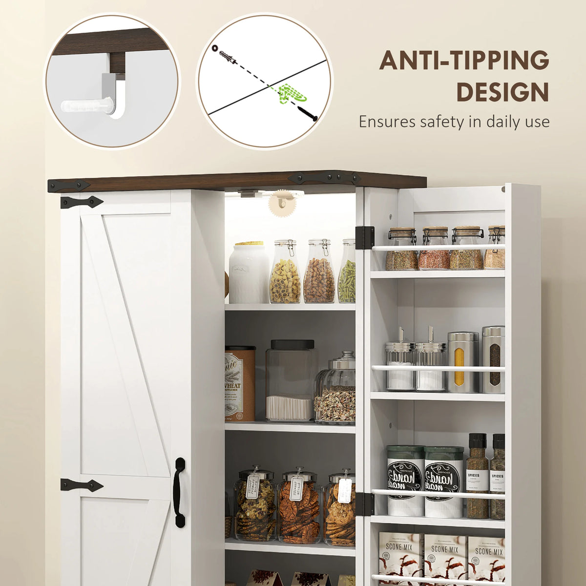 HOMCOM Kitchen Pantry Cabinet With Barn Door And Deep Shelves