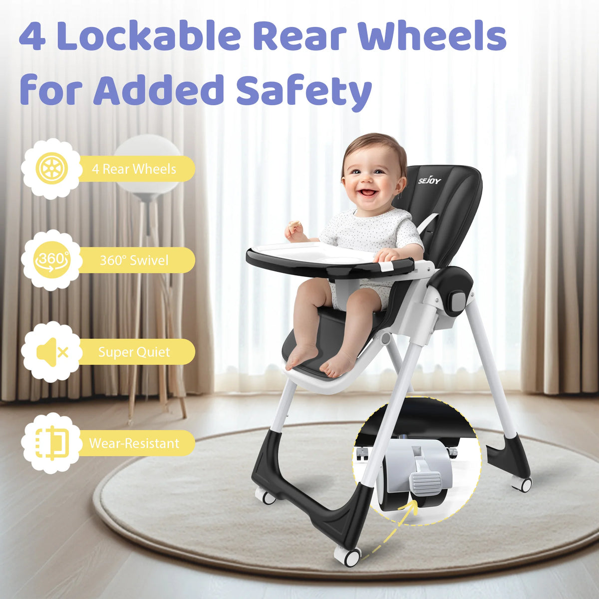 SEJOY Adjustable Baby High Chair With Safety Harness And Tray