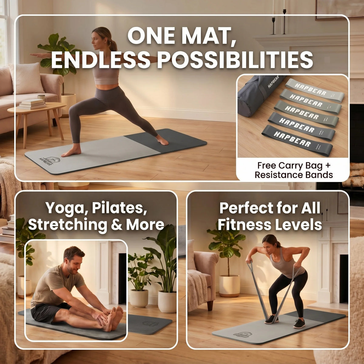 HAPBEAR Non Slip TPE Yoga Mat for Home Workouts and Pilates