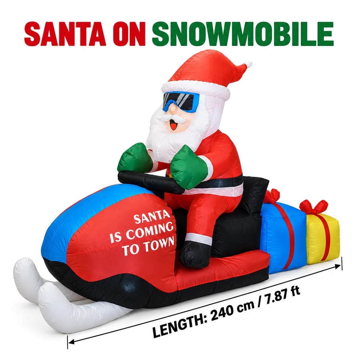 Christmas 8FT Inflatable Santa on Snowmobile with Sunglasses and Gift Boxes LED Lights Blow Up Yard Decor for Outdoor Garden Lawn Holiday Party Xmas Fashion Decorations