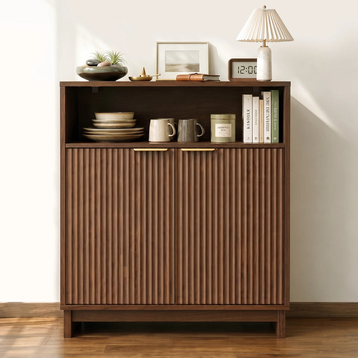 TinyNest Fluted Wood Kitchen Sideboard Buffet Cabinet With Adjustable Shelves