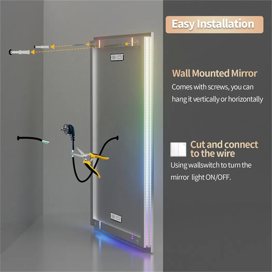 XXL LED Bathroom Mirror w Bluetooth Dimmable 3 Colours Front, RGB Backlit, Anti-fog, Memory Function, Time Temperature