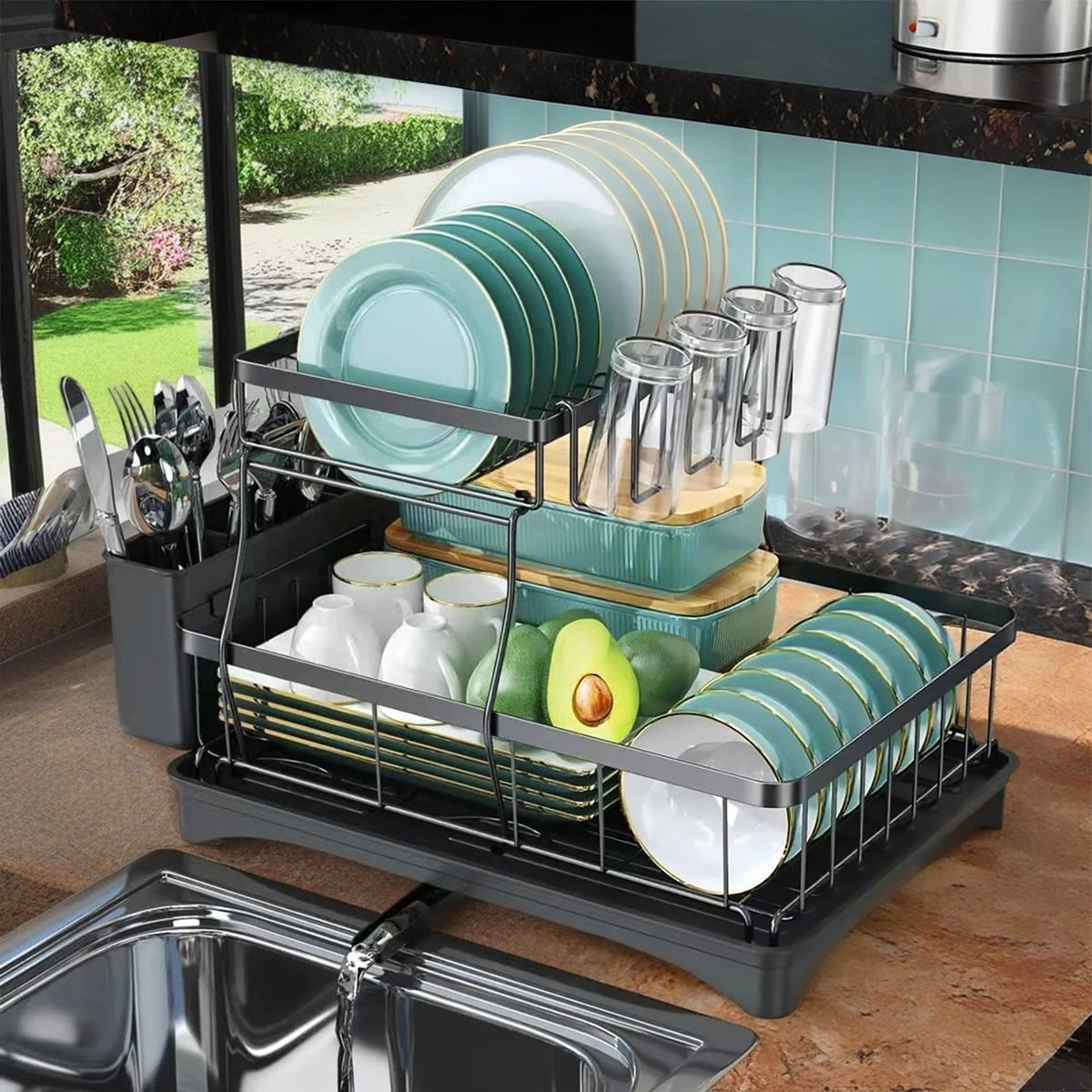 Two Tier Metal Dish Drying Rack With Removable Draining Rack