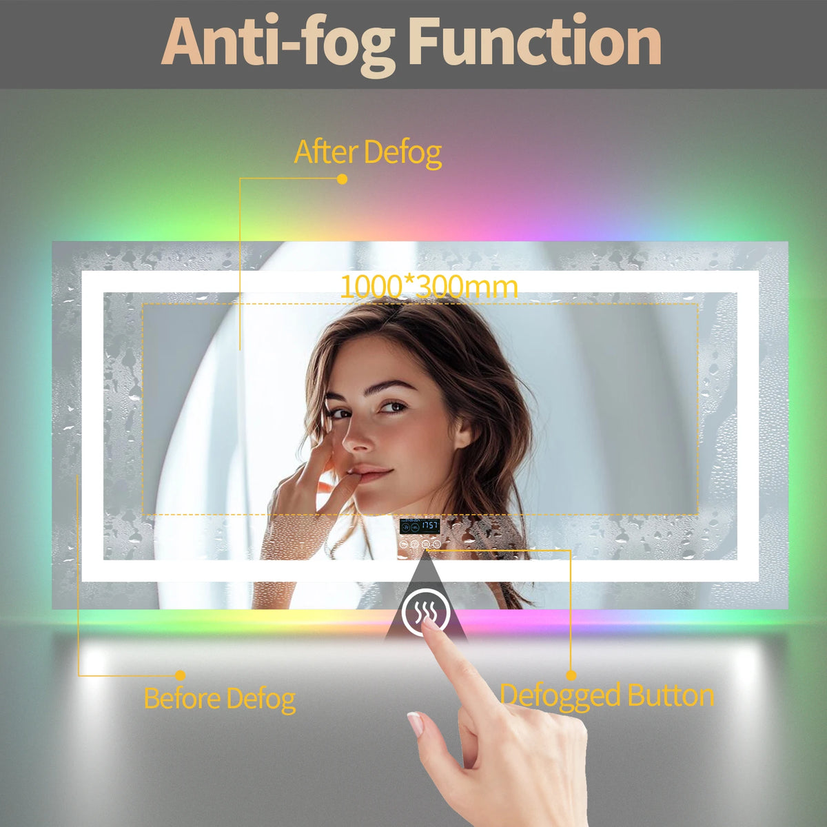 XXL LED Bathroom Mirror w Bluetooth Dimmable 3 Colours Front, RGB Backlit, Anti-fog, Memory Function, Time Temperature