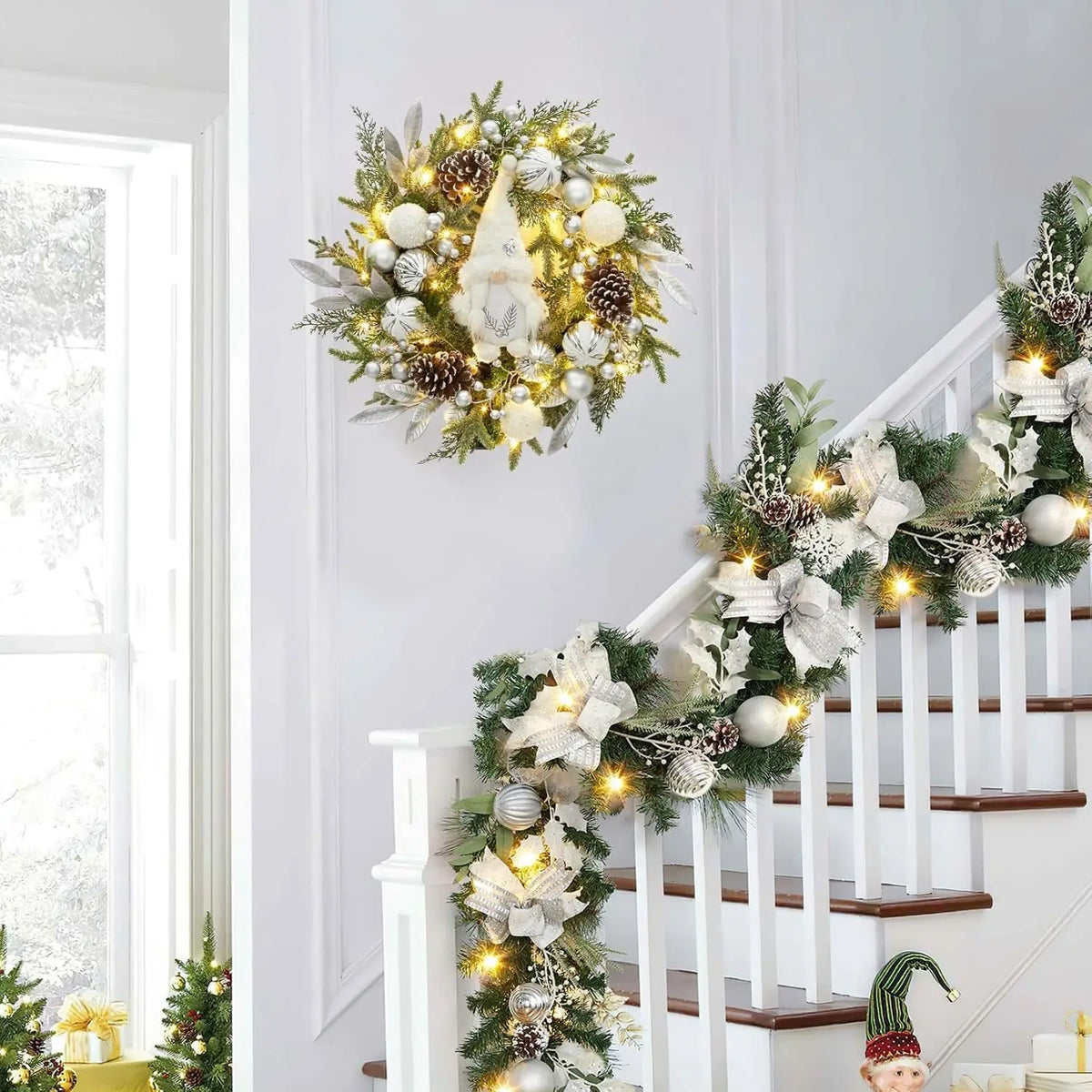 Garvee 6ft Christmas Garland Silver for Mantle and Stairs Xmas Wreath for Home Party Decoration Outdoor Yard Pine Rattan Hanging Ornaments 