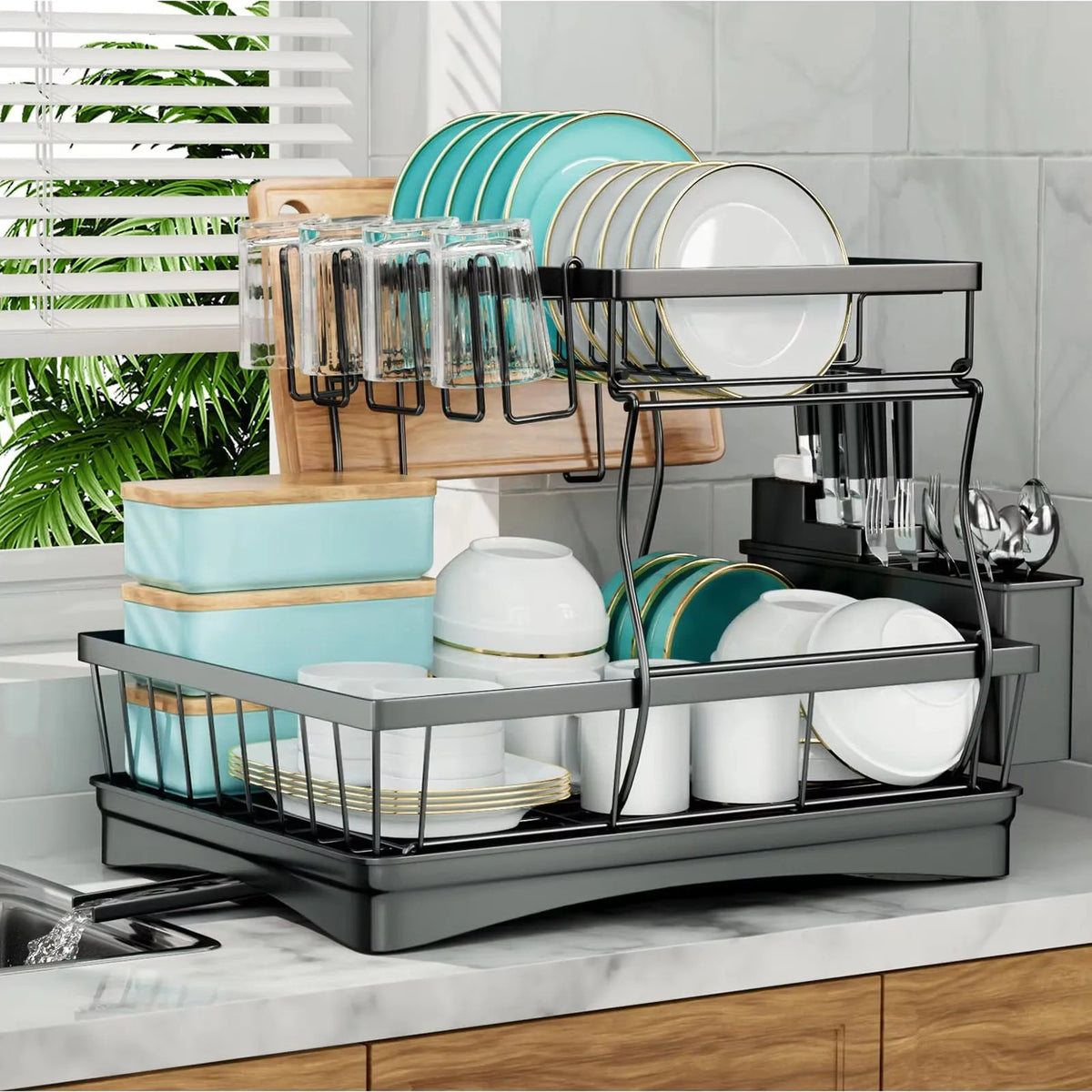 Two Tier Metal Dish Drying Rack With Removable Draining Rack