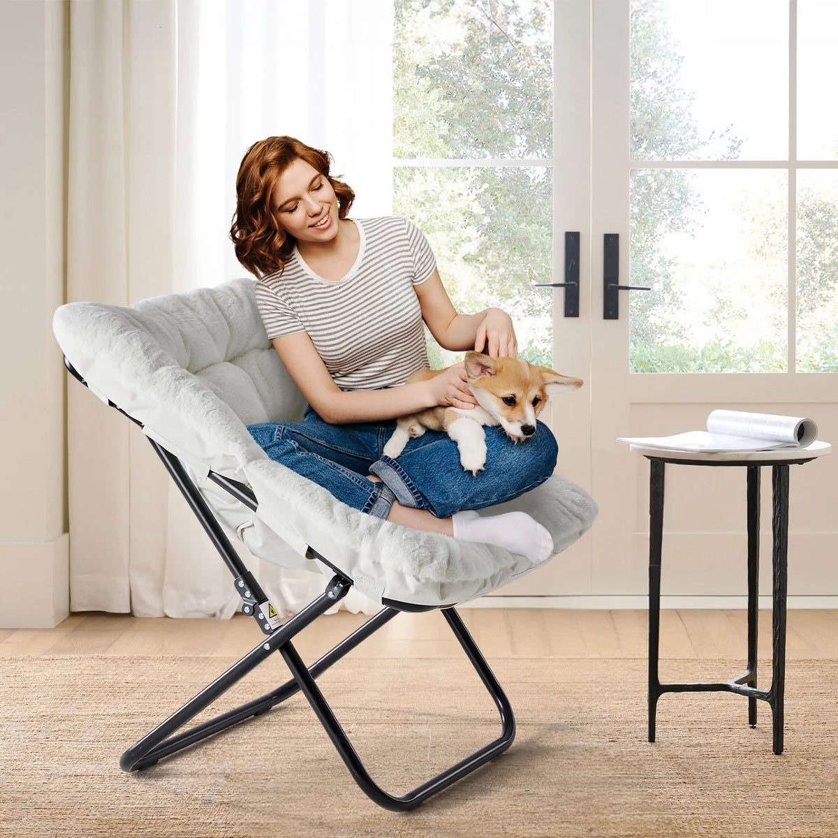 JHK Folding Faux Fur Saucer Chair With Padded Lounge Seat