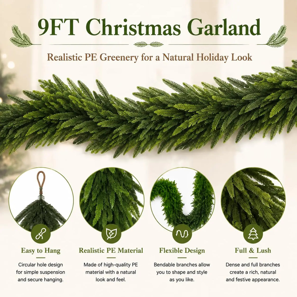 6ft 9ft Artificial Cedar Christmas Garland, Realistic Bendable Greenery For Mantel Stair Railing Doorway Wall Holiday Decor Home