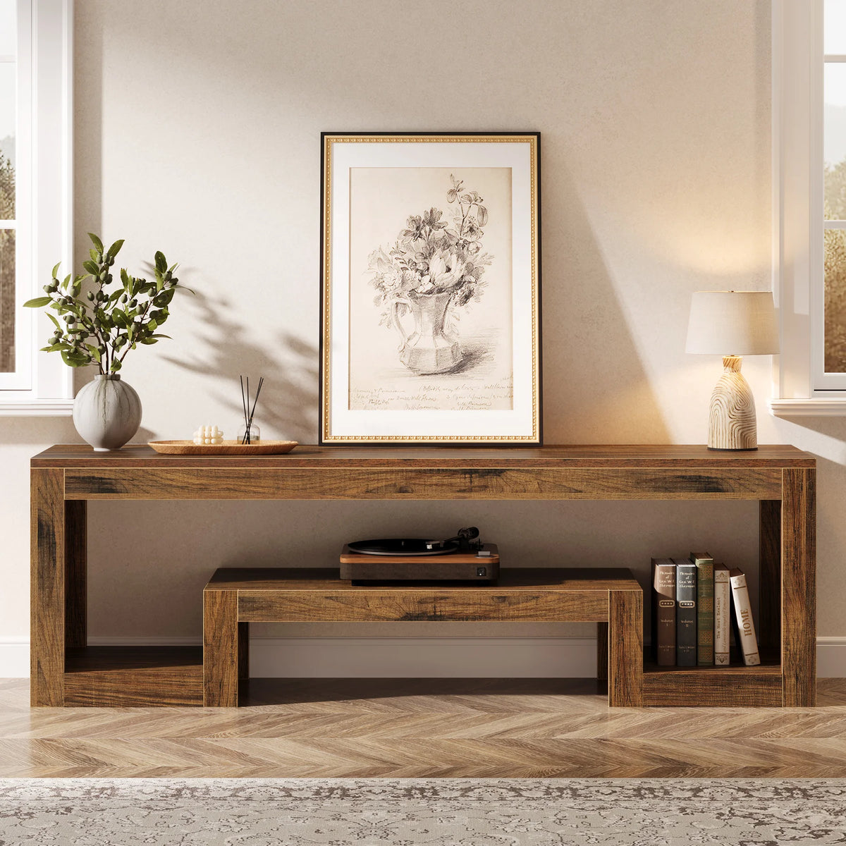 Tribesigns Rustic Farmhouse TV Stand With Open Storage Shelves