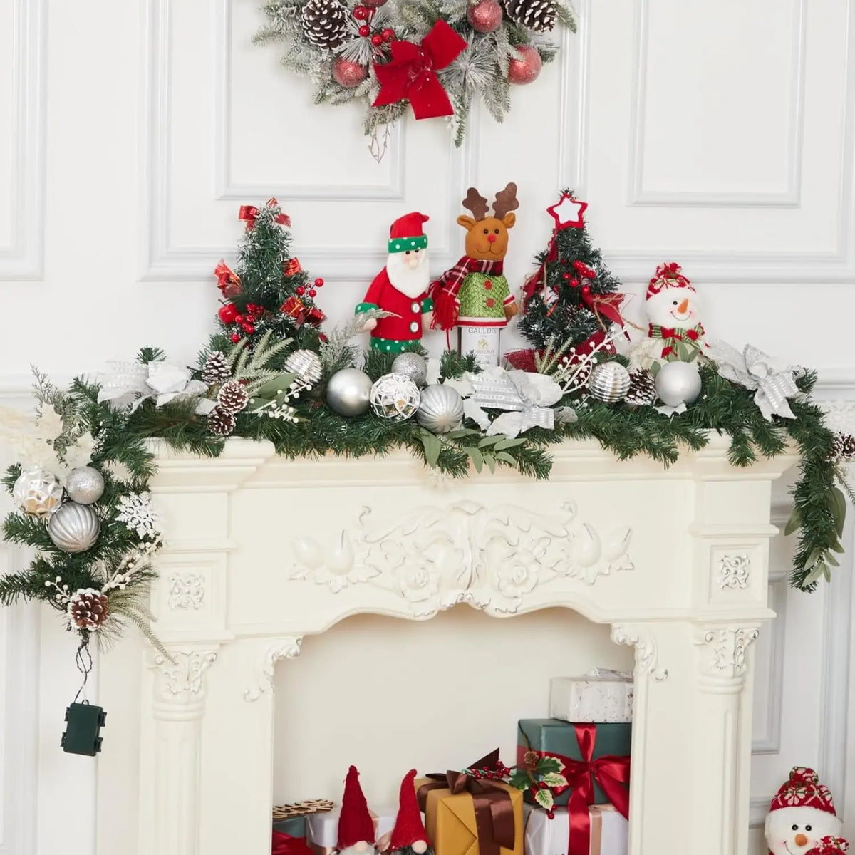 Garvee 6ft Christmas Garland Silver for Mantle and Stairs Xmas Wreath for Home Party Decoration Outdoor Yard Pine Rattan Hanging Ornaments 
