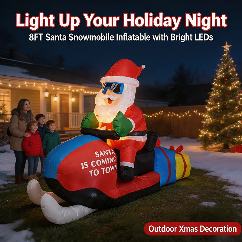 Christmas 8FT Inflatable Santa on Snowmobile with Sunglasses and Gift Boxes LED Lights Blow Up Yard Decor for Outdoor Garden Lawn Holiday Party Xmas Fashion Decorations