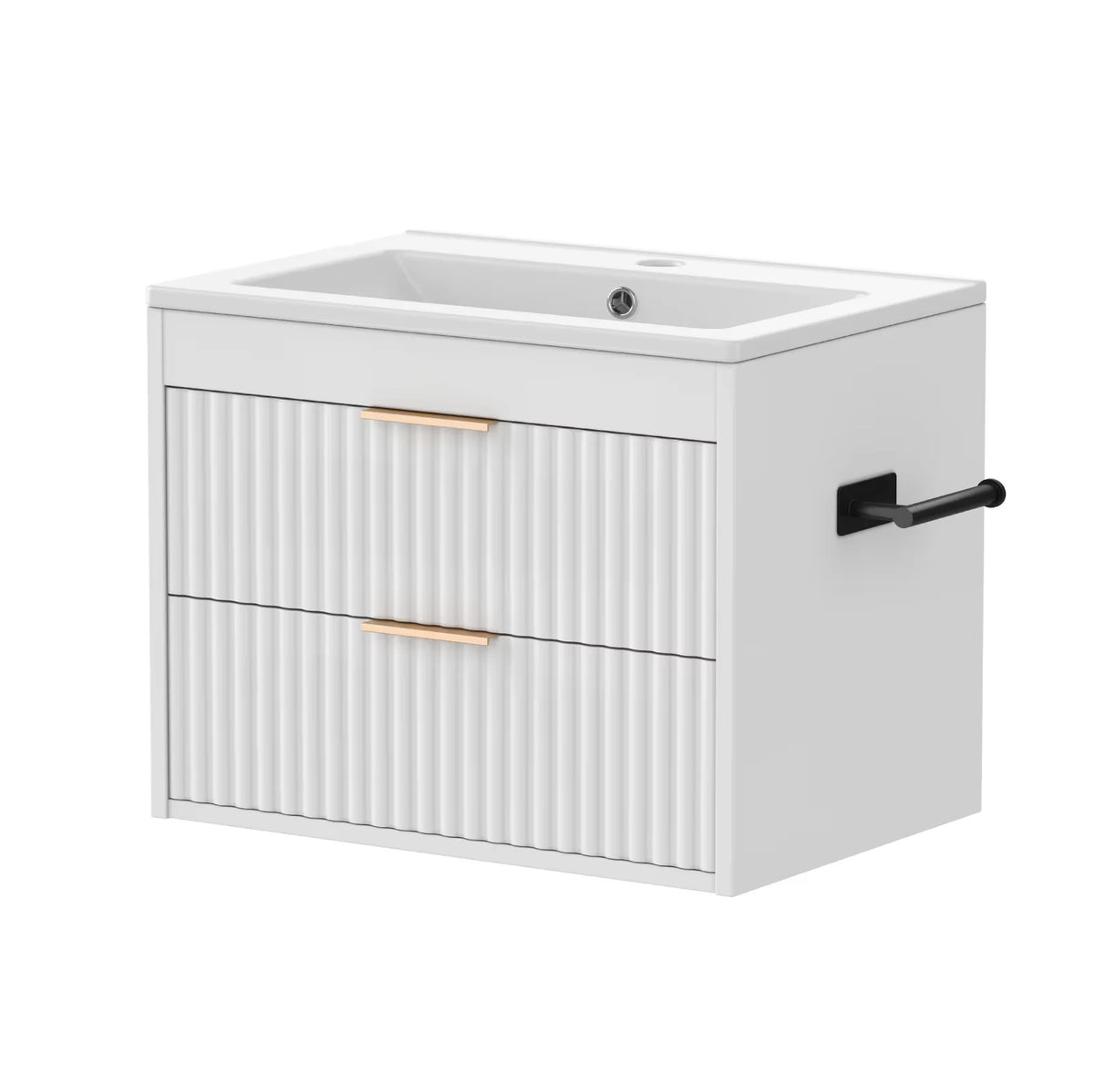 24' Floating Bathroom Vanity with Sink, Modern Wall Mounted Cabinet, 2 Drawers with Black Handles, for Bathroom/Laundry Room, White/Black