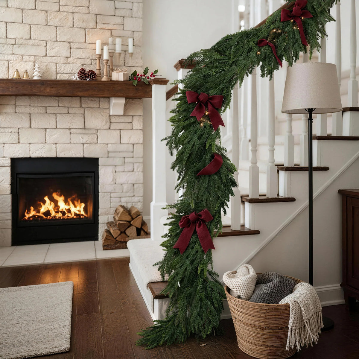 6/9/12FT Christmas Norfolk Pine Garland Real Touch Artificial Greenery Garlands Faux Winter Garland for Mantle Fireplace Table Stair Front Door Indoor Outdoor Holiday Xmas Decorations