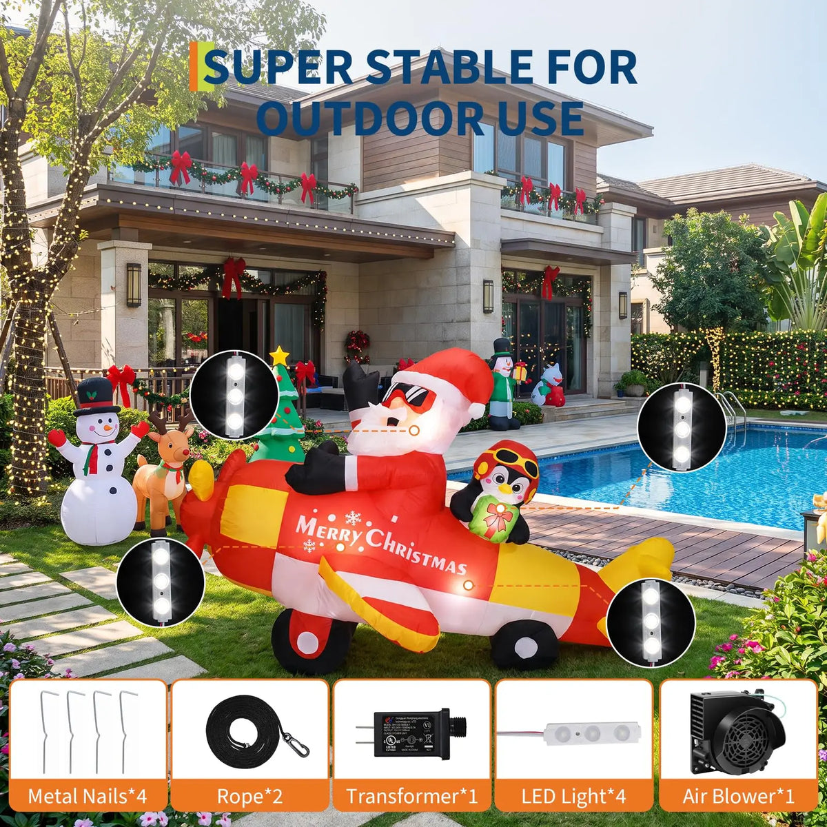 Christmas Inflatable Santa Driving Penguin Airplane 8ft Outdoor Decoration Festive Airblown Holiday Yard Decor for Lawn and Christmas Party Winter Festival Night Atmosphere Setup