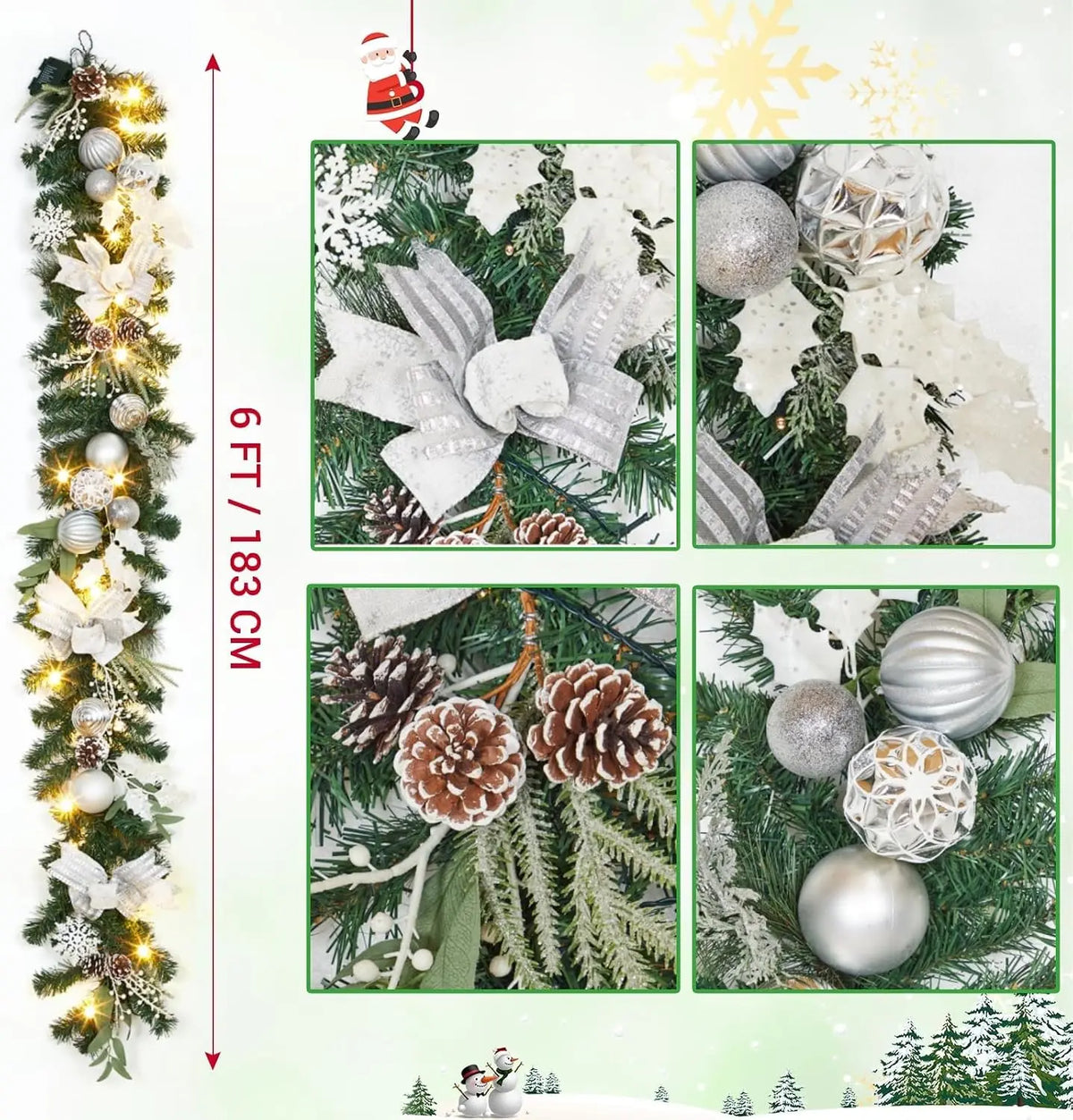 Garvee 6ft Christmas Garland Silver for Mantle and Stairs Xmas Wreath for Home Party Decoration Outdoor Yard Pine Rattan Hanging Ornaments 