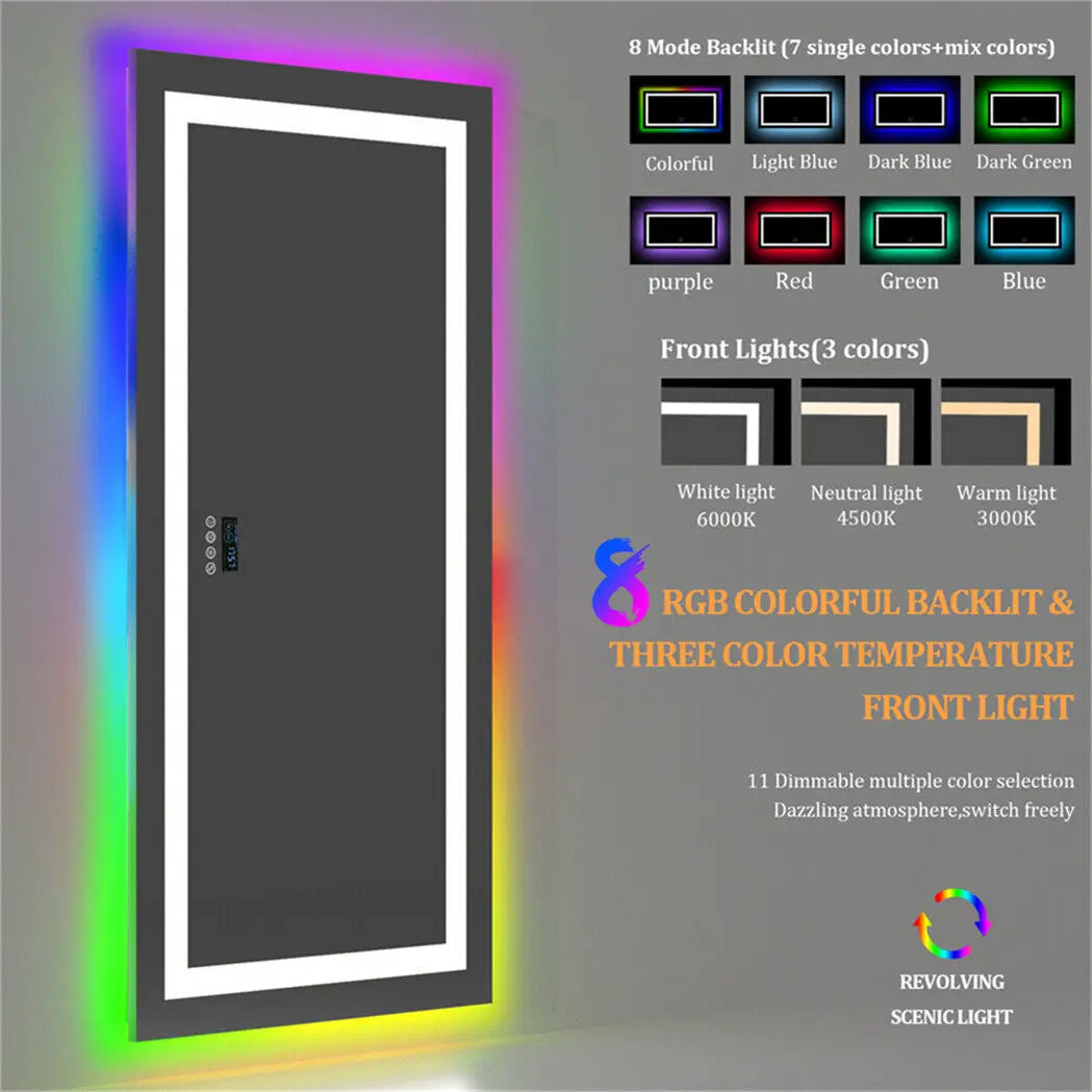 XXL LED Bathroom Mirror w Bluetooth Dimmable 3 Colours Front, RGB Backlit, Anti-fog, Memory Function, Time Temperature