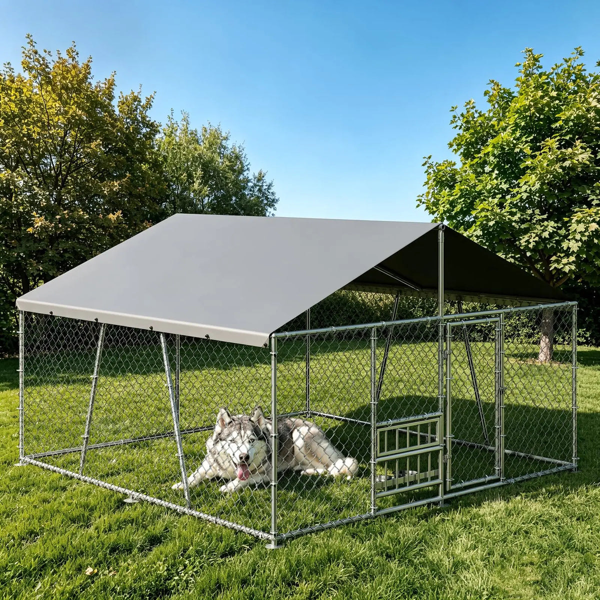 DishyKooker Outdoor Galvanized Dog Kennel With Waterproof Roof