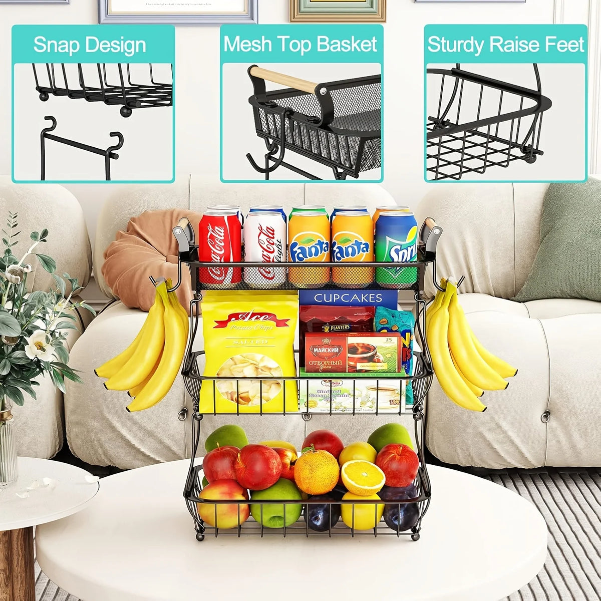 Three Tier Stainless Steel Fruit Basket With Banana Hangers