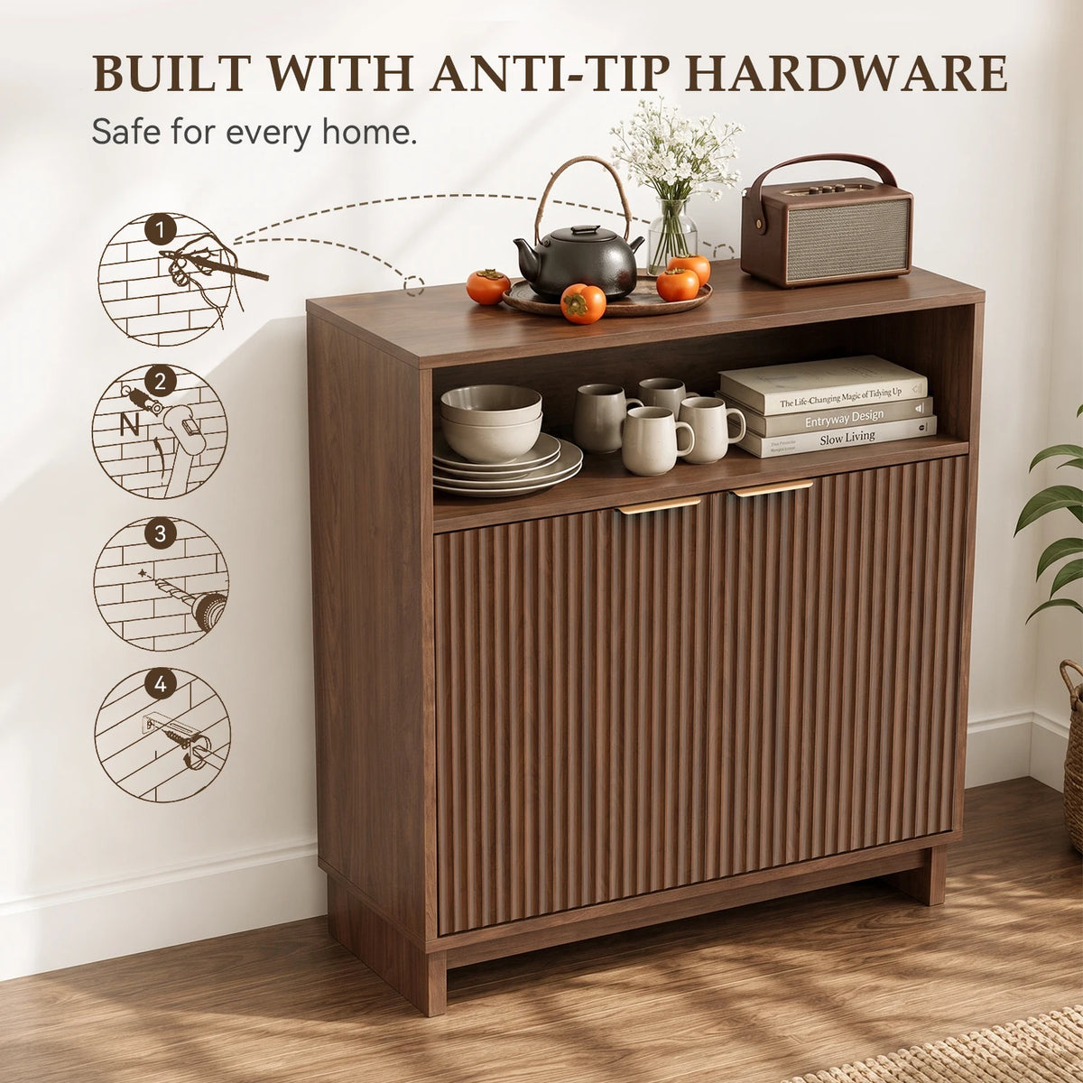 TinyNest Fluted Wood Kitchen Sideboard Buffet Cabinet With Adjustable Shelves