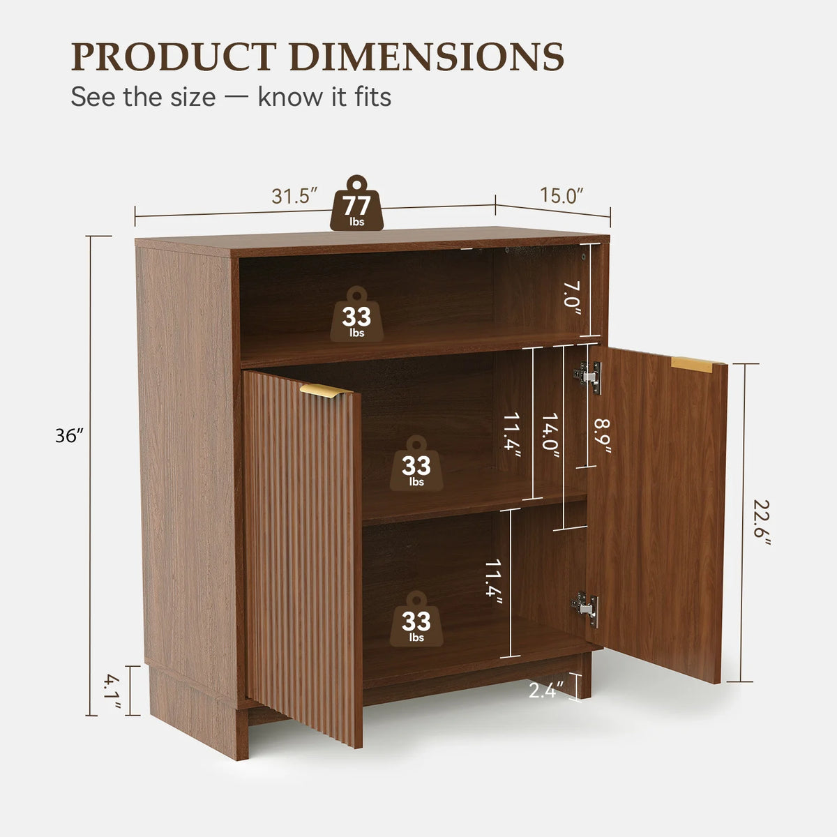 TinyNest Fluted Wood Kitchen Sideboard Buffet Cabinet With Adjustable Shelves