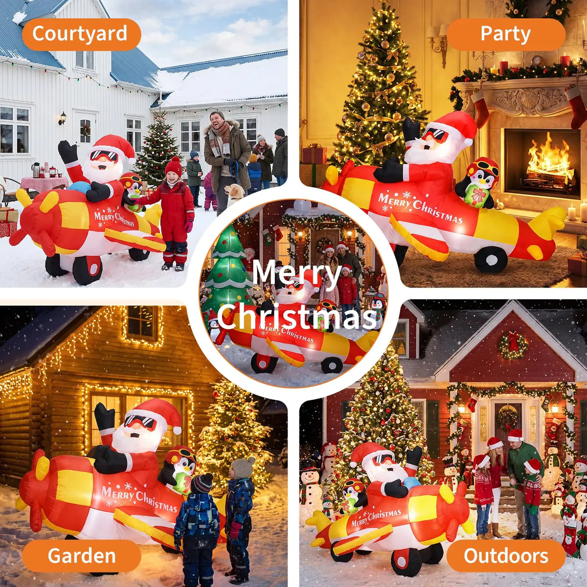 Christmas Inflatable Santa Driving Penguin Airplane 8ft Outdoor Decoration Festive Airblown Holiday Yard Decor for Lawn and Christmas Party Winter Festival Night Atmosphere Setup
