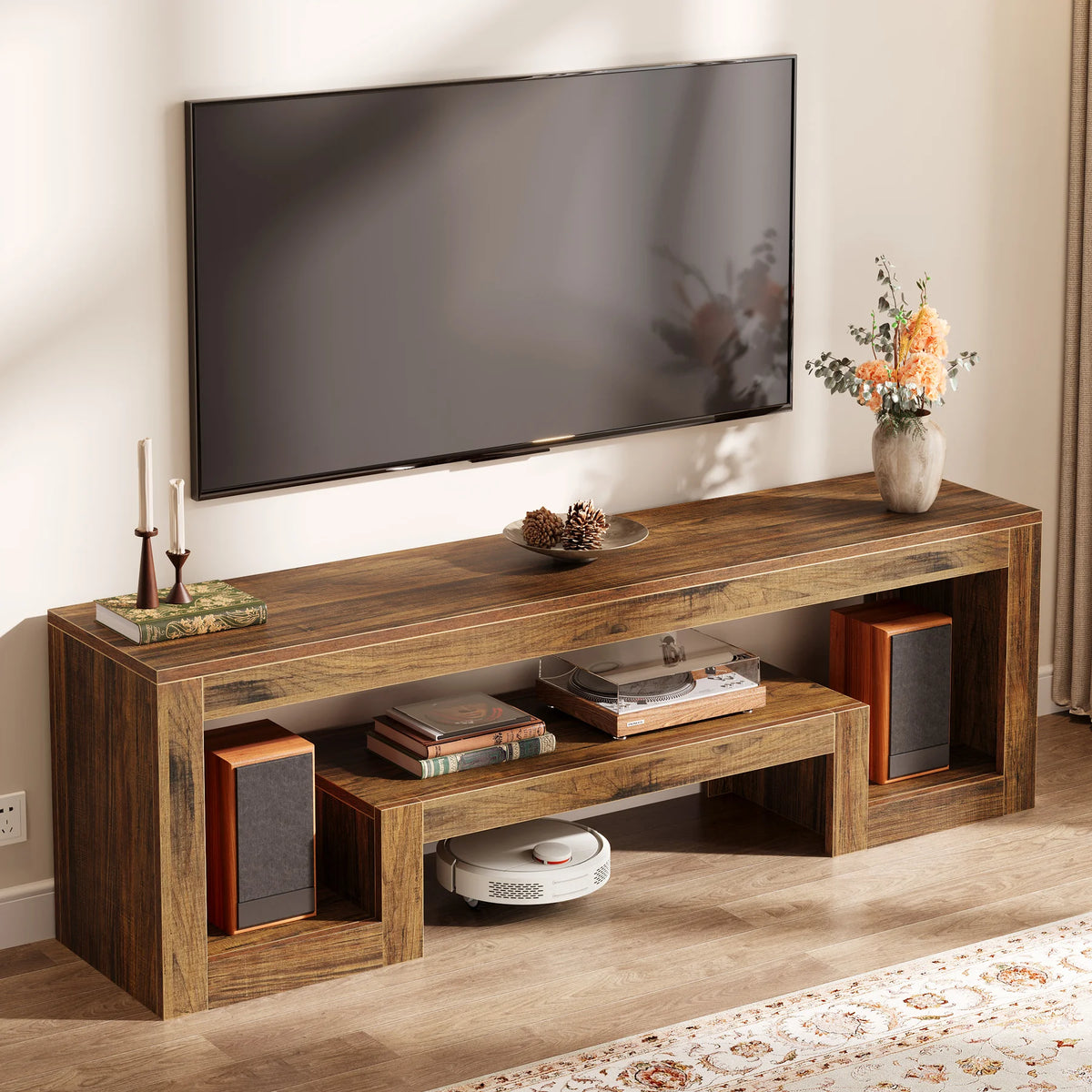 Tribesigns Rustic Farmhouse TV Stand With Open Storage Shelves