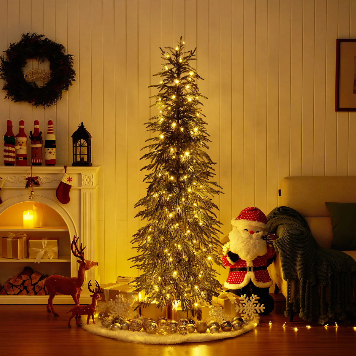 Artificial Pencil Christmas Tree, PE Realistic 6ft/7ft Prelit/unlit Slim Christmas Tree with Metal Stand, Holiday Indoor Decoration for Apartment Entryway Corner Office