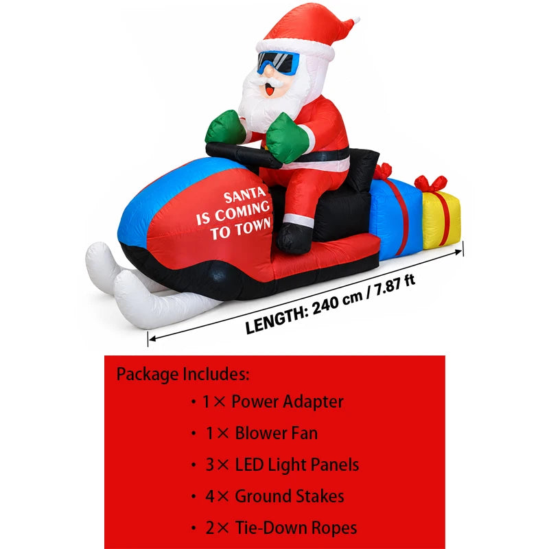Christmas 8FT Inflatable Santa on Snowmobile with Sunglasses and Gift Boxes LED Lights Blow Up Yard Decor for Outdoor Garden Lawn Holiday Party Xmas Fashion Decorations
