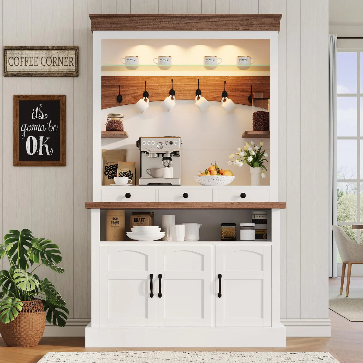 HiMISS Farmhouse Coffee Bar Cabinet With LED Lights And Storage
