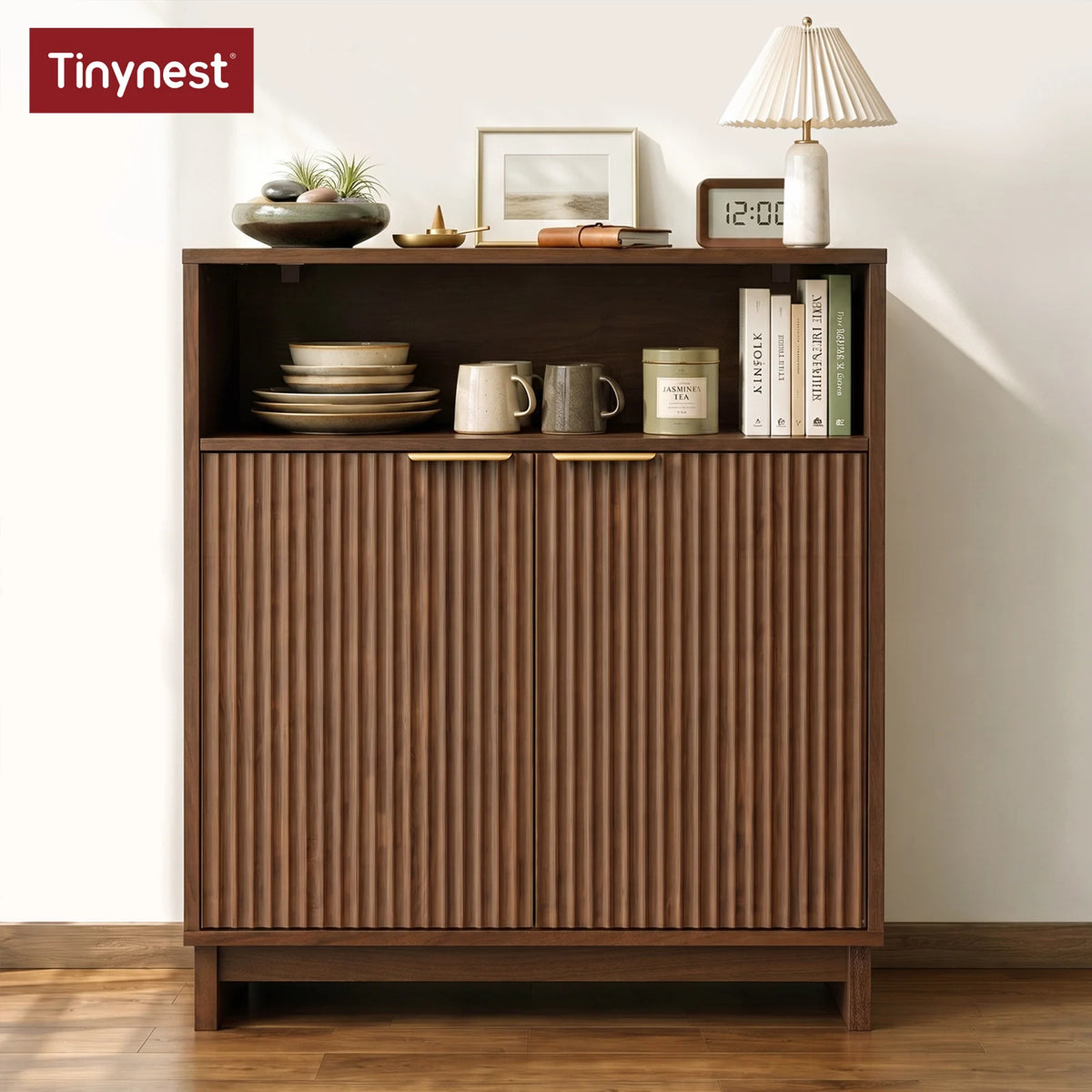 TinyNest Fluted Wood Kitchen Sideboard Buffet Cabinet With Adjustable Shelves