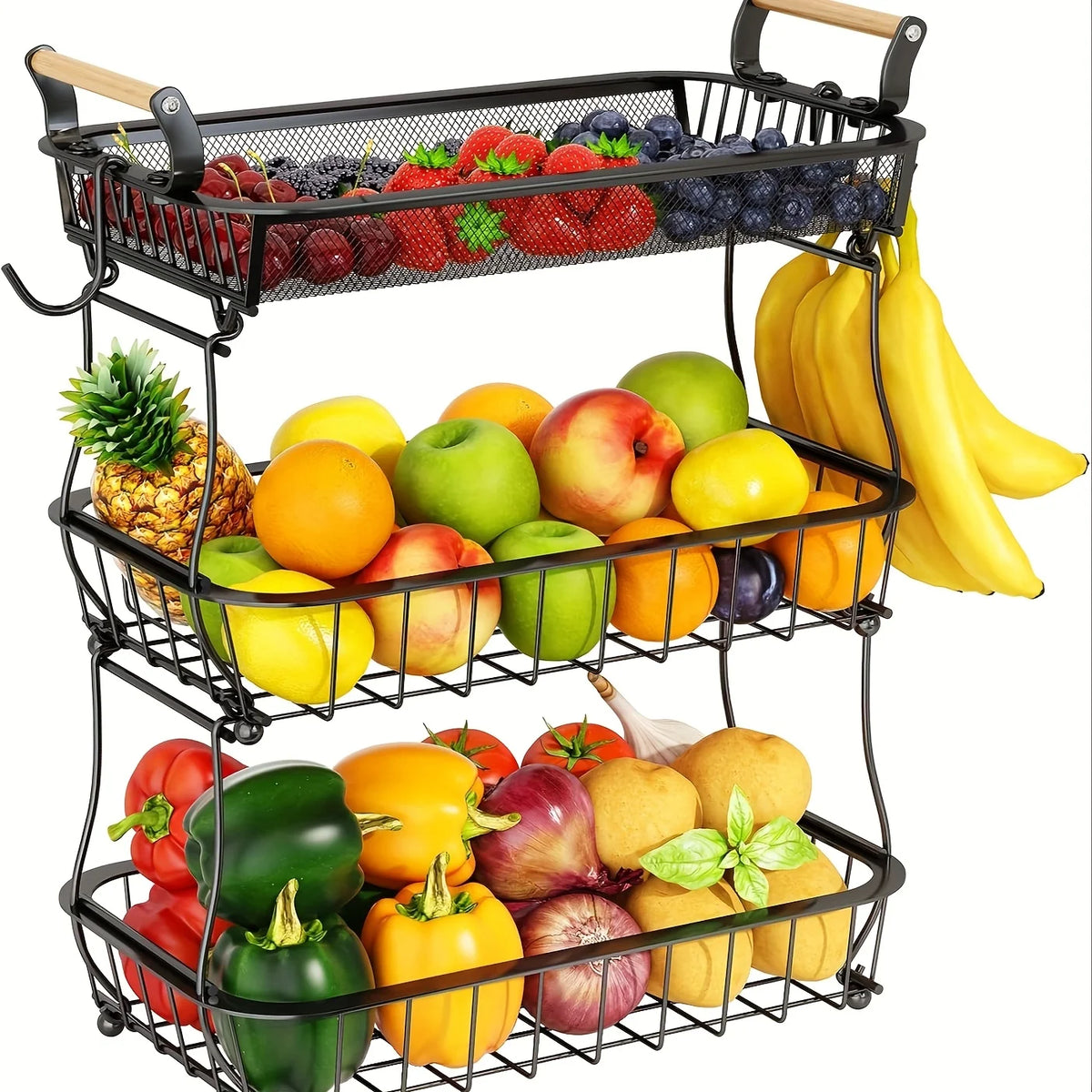 Three Tier Stainless Steel Fruit Basket With Banana Hangers
