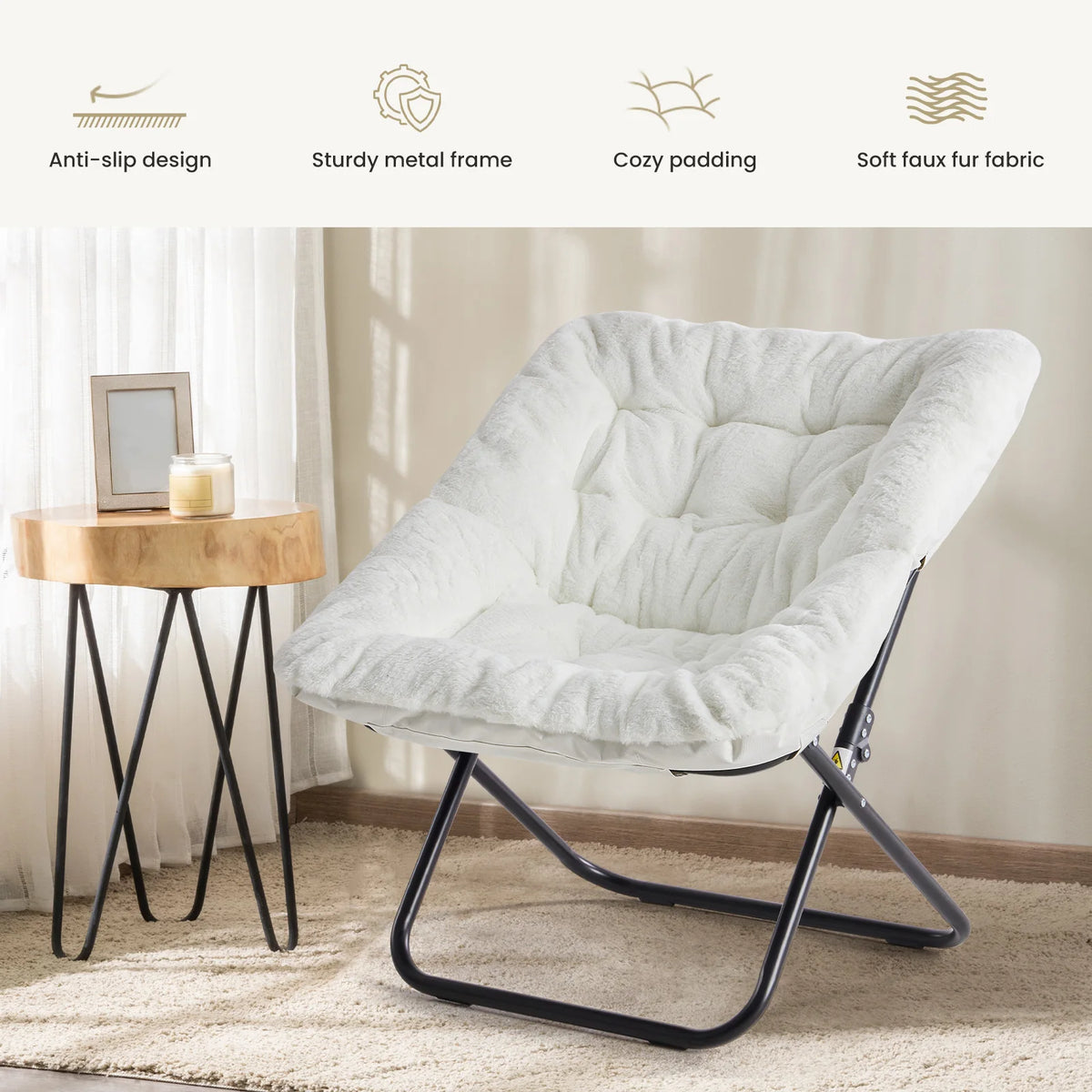 JHK Folding Faux Fur Saucer Chair With Padded Lounge Seat