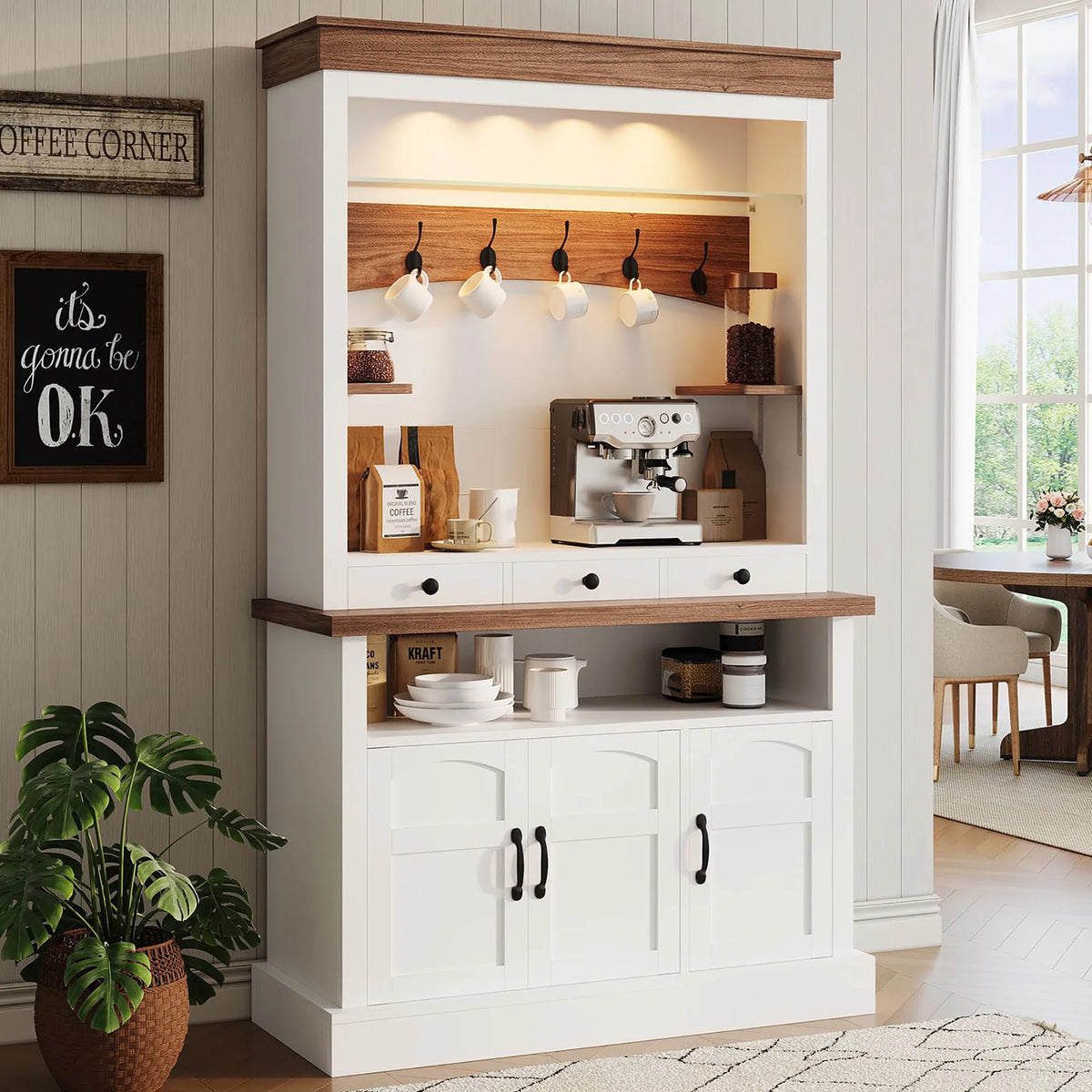 HiMISS Farmhouse Coffee Bar Cabinet With LED Lights And Storage