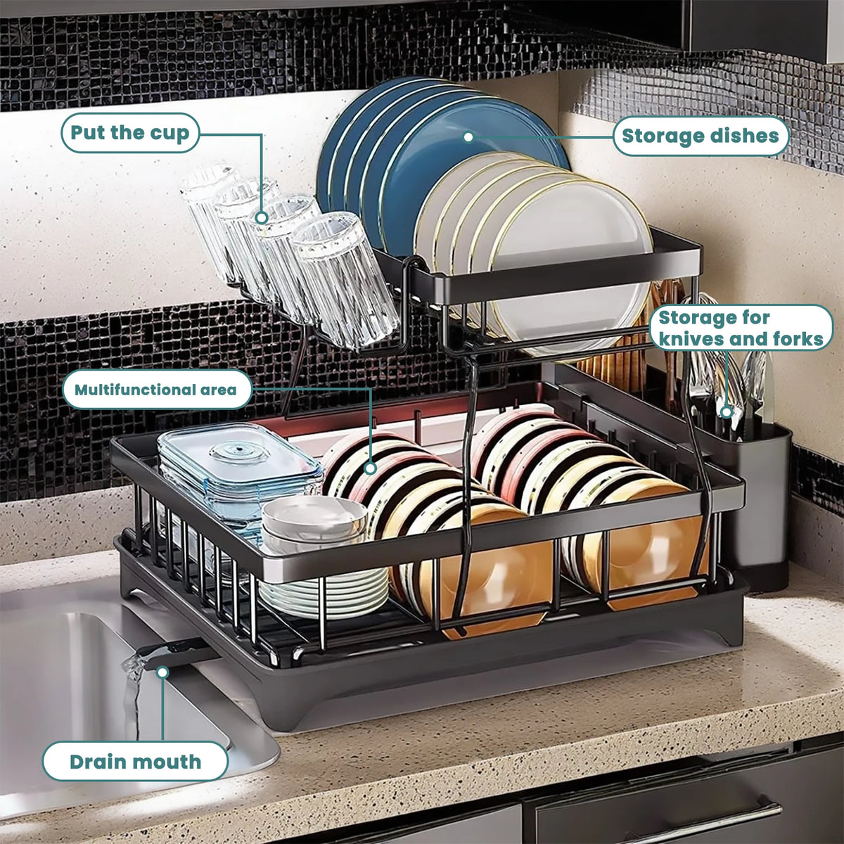 Two Tier Metal Dish Drying Rack With Removable Draining Rack