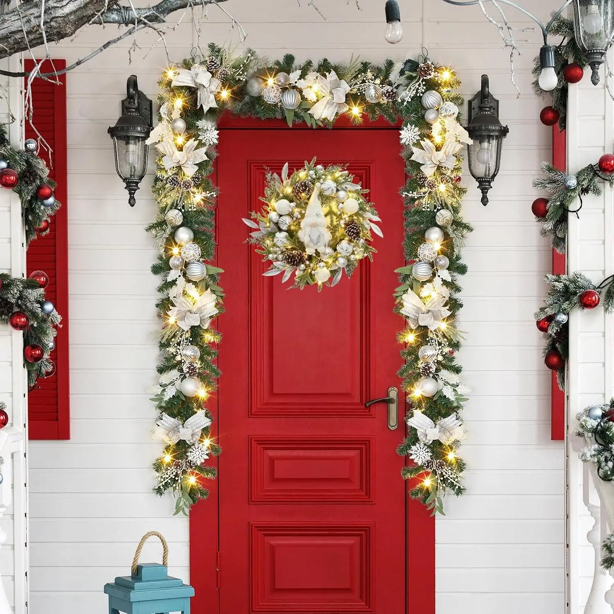 Garvee 6ft Christmas Garland Silver for Mantle and Stairs Xmas Wreath for Home Party Decoration Outdoor Yard Pine Rattan Hanging Ornaments 