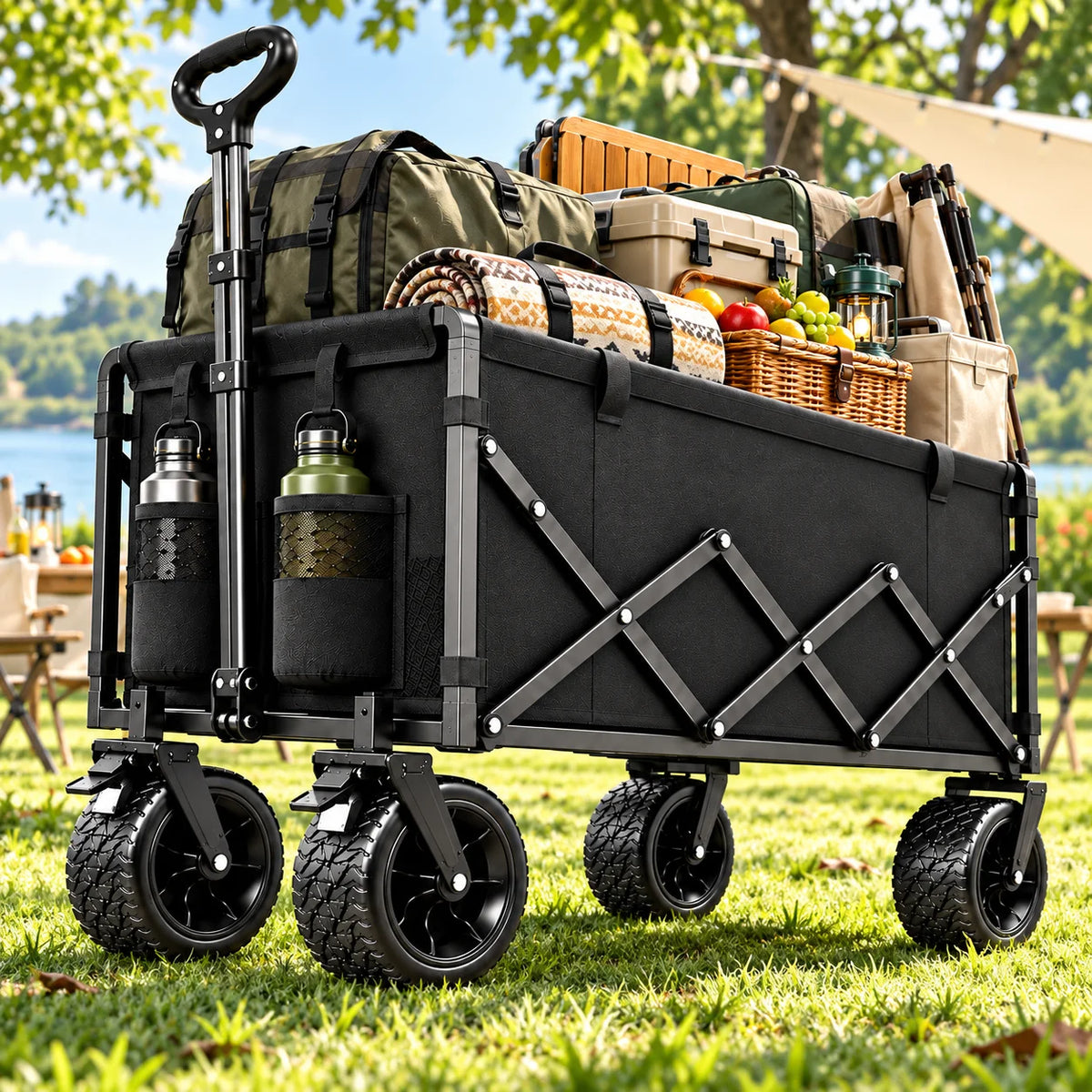 700/500/110 Lbs All Terrain Heavy Duty Folding Cart, Large Capacity Camper Suitable For Yard Shopping/ Sports/ Outdoor/ Gardening Equipment Handling, Black Multifunctional Utility Cart