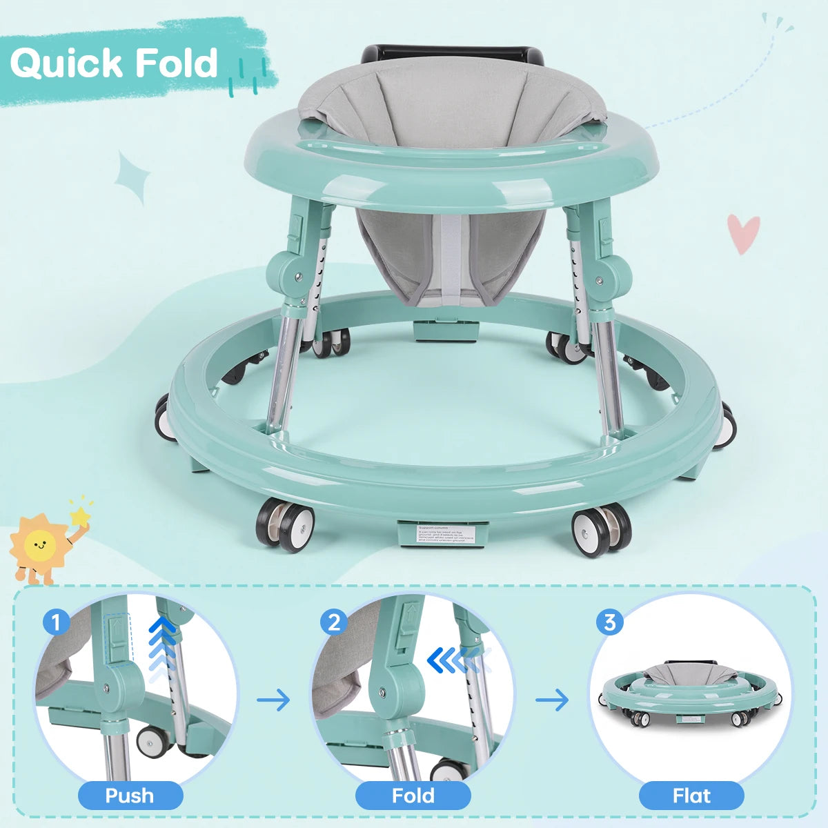 Foldable Baby Walker With Adjustable Height And Anti Slip Wheels