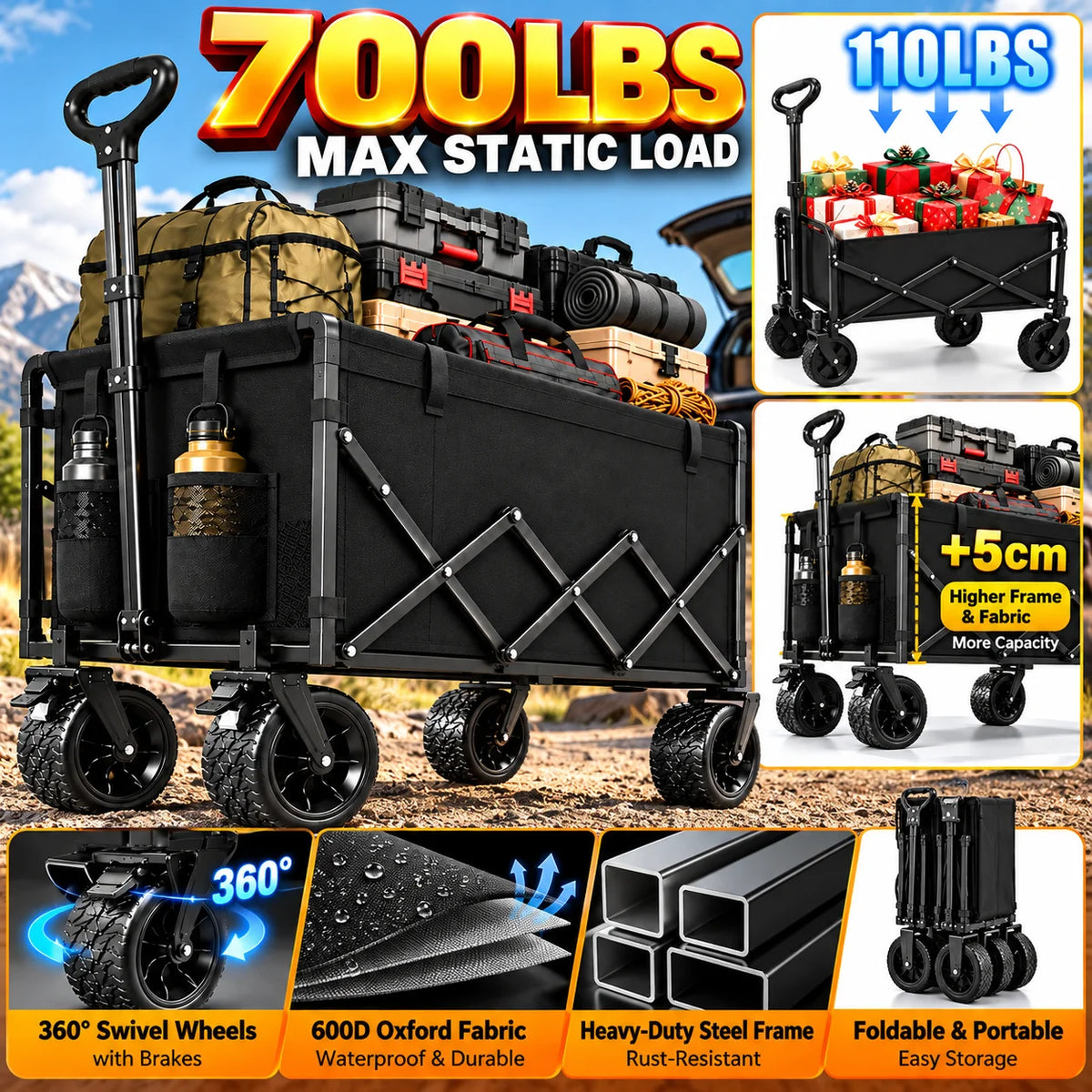 700/500/110 Lbs All Terrain Heavy Duty Folding Cart, Large Capacity Camper Suitable For Yard Shopping/ Sports/ Outdoor/ Gardening Equipment Handling, Black Multifunctional Utility Cart