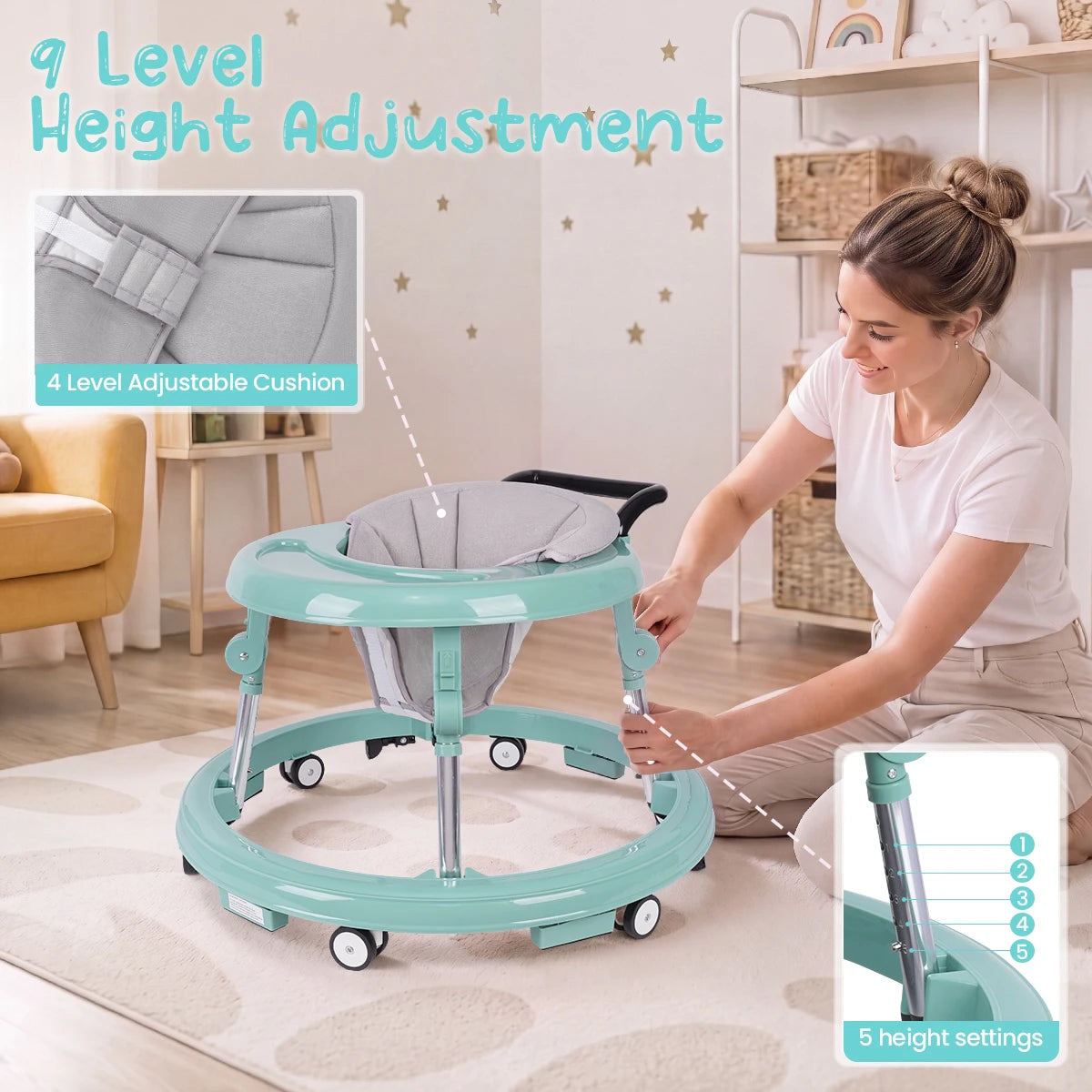 Foldable Baby Walker With Adjustable Height And Anti Slip Wheels