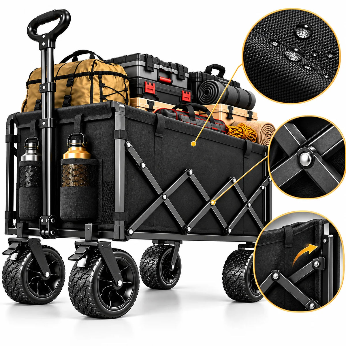 700/500/110 Lbs All Terrain Heavy Duty Folding Cart, Large Capacity Camper Suitable For Yard Shopping/ Sports/ Outdoor/ Gardening Equipment Handling, Black Multifunctional Utility Cart
